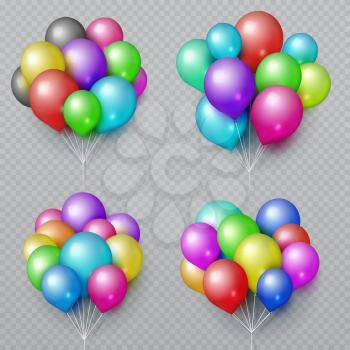 Multicolor realistic balloon bunches isolated. Wedding and birthday party decoration vector elements. Set of color air balloon bunch illustration