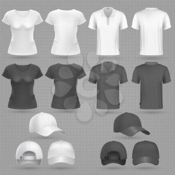 Male and famale black white t-shirt and baseball cap vector 3d mockup isolated. T-shirt mockup and sportswear baseball cap illustration