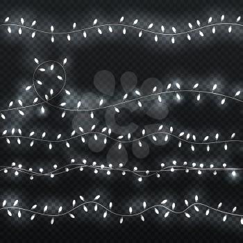 Glowing garland. Shiny borders with white lightbulbs. Christmas lights vector set. Garland decoration for xmas, illustration of luminous effect white glowing lightbulb