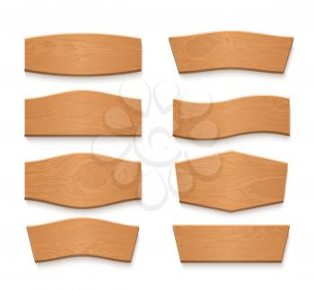Cartoon wooden brown plate empty vector banners. Vintage wood ribbons set. Plank wood and blank wooden banner illustration