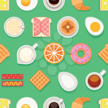 Breakfast flat style seamless texture. Different meals and drinks colored on green background. Vector cartoon style illustration
