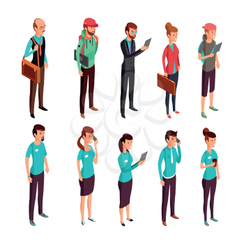 Corporate clothes isometric illustration. Standing people in random dress and corporate. Woman and man staff standing vector