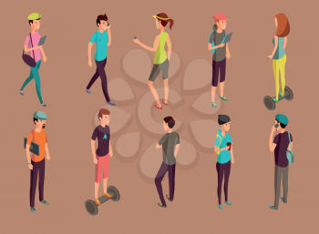 Different hipsters standing and using gadgets. Isometric woman and men on gyroscopes vector illustration