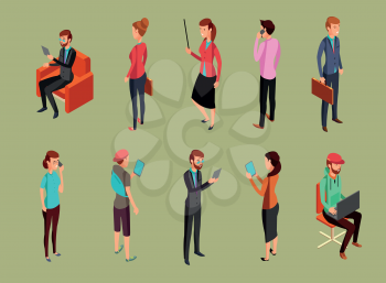 Different office people sitting and standing, using gadgets. Isometric woman and men vector illustration. People of female and male sitting and standing
