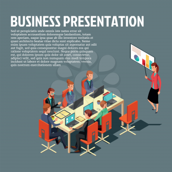 Isometric business presentation, meeting, financial report flat illustration with sample text on gray background. Vector modern design for websites, web banner, infographics, printed materials