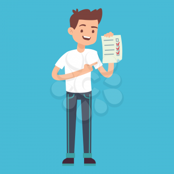 Man with checklist in hand. Vector illustration. Cartoon guy with paper sheet