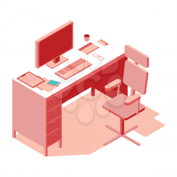 Pink-colored office workplace. Isometric flat illustration. 3D work space isolated vector