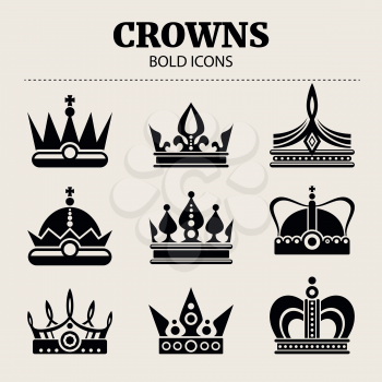 Set of crowns. Vector flat illustration. Bold icons monochrome crown