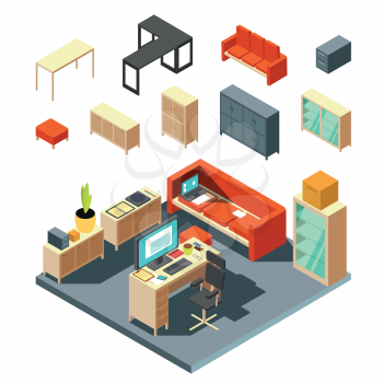 Set of isometric office interior elements. Flat-style vector illustration. Interior with furniture table and armchair