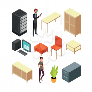 Set of office isometric icons. Server rack, table, armchair, computer, table, cupboard and some office people. Flat vector illustration