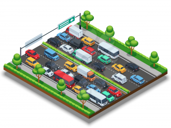 Isometric highway with traffic jam. 3d transportation vector concept with cars and trucks. Car on highway in traffic jam illustration