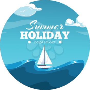 Summer holiday postcard design. Sea illustration with sample text and sail boat vector