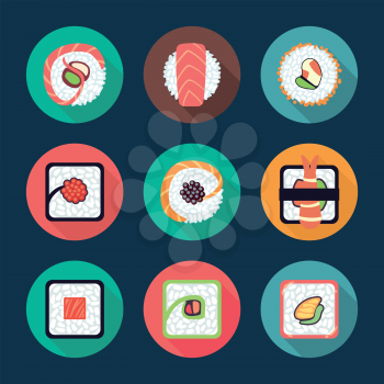 Sushi and rolls vector icons. Longshadow flat illustration on dark background