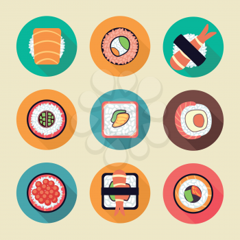 Sushi and rolls vector icons. Longshadow flat illustration on light background