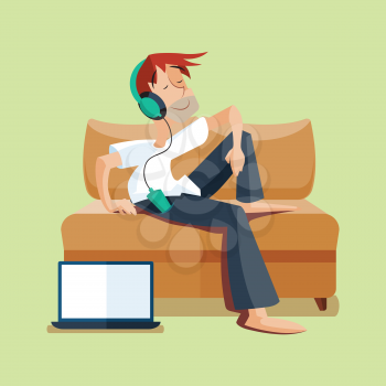 Man resting on sofa with music and notebook. Vector illustration