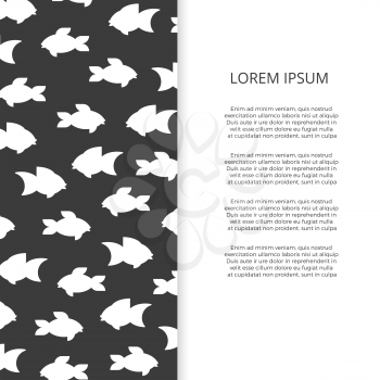 Monochrome banner with white fishes silhouette on grey. Vector illustration
