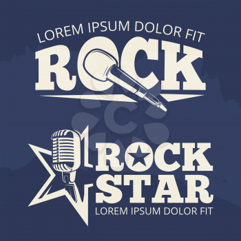 Rock star music labels on grunge backdrop. Retro emblem, vector illustration