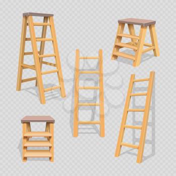 Wood household steps set on transparent background. Wood stepladder and wooden ladder, vector illustration