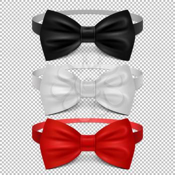 Realistic white, black and red bow tie isolated on transparent background. Set of tie bow knot silk, elegance and fashion formal classic garment. Vector illustration