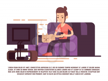 Single girl with cat and cup of tea watch TV - relaxing girl concept. Vector illustration
