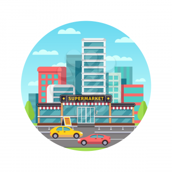 Grocery store in modern cityscape with mall round concept. Vector illustration