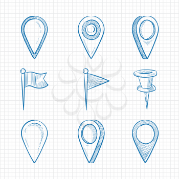 Hand drawn doodle navigation pins on notebook page. Vector illustration