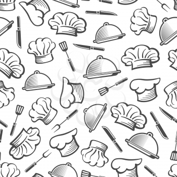Kitchen seamless background pattern - chef hat dish and cutlery texture. Vector illustration