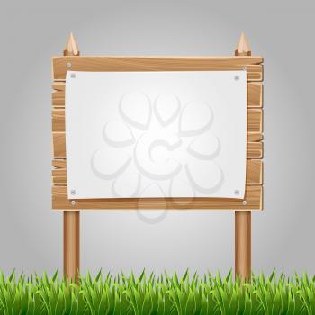 Wooden signboard information blank with green grass and paper sheet. Vector illustration