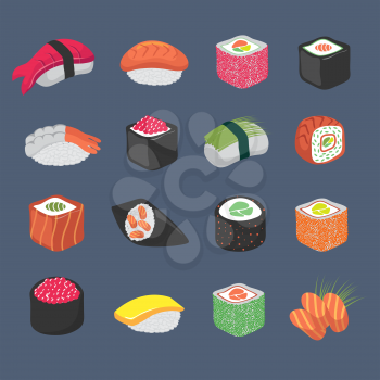 Cartoon sushi rolls japanese cuisine seafood vector set. Sushi food, roll with salmon and seaweed illustration