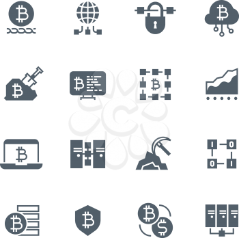 Blockchain and cryptocurrency mining vector icons. Decentralized transaction system symbols. Cryptocurrency money, blockchain bitcoin system, transaction and currency illustration