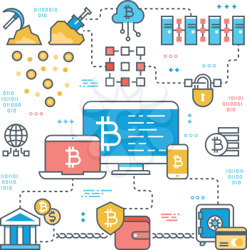Blockchain and internet cryptocurrency transaction. Bitcoin stock market and finance support vector concept. Financial economy bitcoin market currency illustration