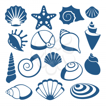 Sea shell vector silhouette icons. Sea shell spiral, illustration of sketch cockleshell