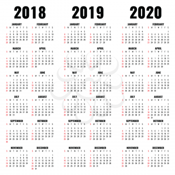 Vector calendar template 2018, 2019 and 2020 years. Calendar of year and monthly illustration illustration