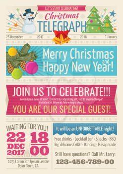 Vintage santa claus newspaper with merry christmas greeting text and graphic elements vector template. Illustration of newspaper christmas and new year