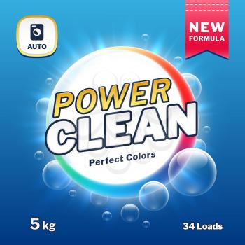 Clean power - soap and laundry detergent packaging. Washing powder product label vector illustration. Package power powder