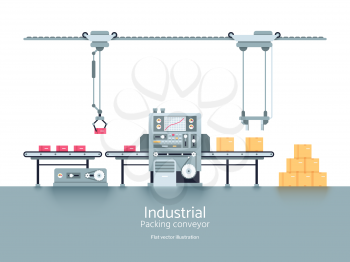 Industrial production factory conveyor flat vector illustration. Industrial technology conveyor machine for production and manufacturing process