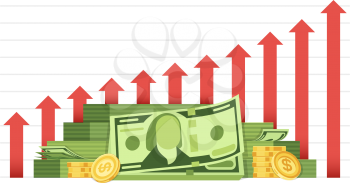 Growing business chart with pile of money cash financial vector concept. Illustration of cash money chart, business, growth finance