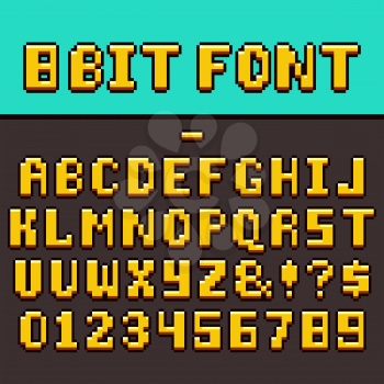 Pixel video game fun alphabet and numbers. 8-bit pixel oldschool gaming vector font. Illustration of pixel game alphabet and digital abc for video game