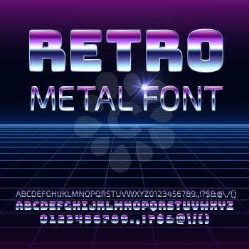 Retro space metal vector font. Metallica futuristic chrome letters and numbers in 80s vintage style. Futuristic vintage alphabet, typeface 80s typography illustration