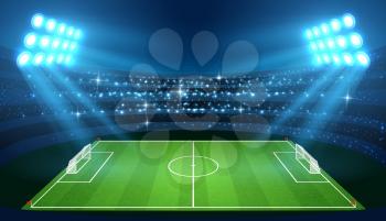Soccer stadium with empty football field and spotlights vector illustration. Stadium for soccer with green empty field