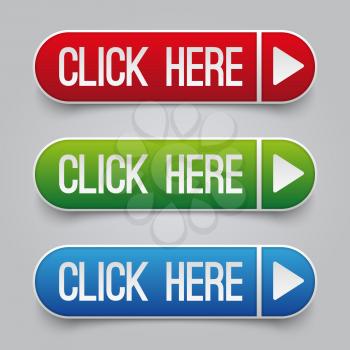 Colorful click here web vector buttons set. Web button click here for website navigation illustration