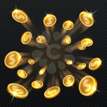 Golden dollar coins explosion isolated. Vector illustration for finance and gambling concept. Gold coin dollar and finance fortune