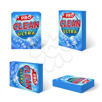 Blue detergent cardboard package box in different positions. Vector template box with detergent powder illustration