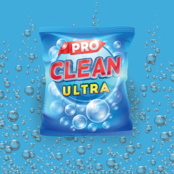 Blue detergent vector design on bag package template with realistic bubbles on background illustration