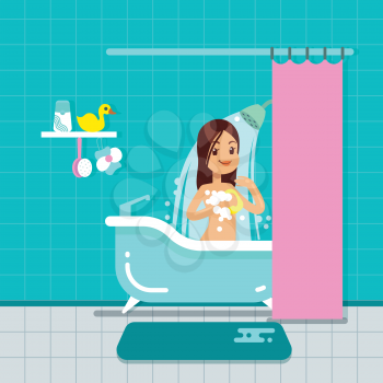 Young girl in bathroom home interior with shower, bath vector illustration. Cartoon beauty female in bathroom or shower