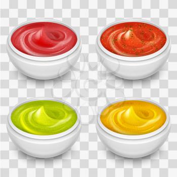 Different gourmet sauces, mustard, ketchup, soy, marinade isolated on transparent background. Vector illustration collection