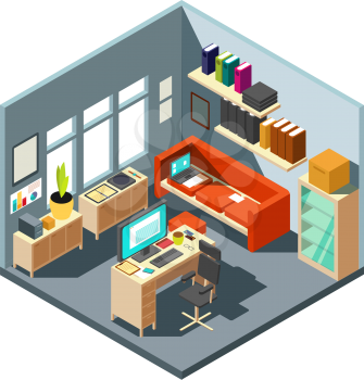 Isometric home office interior. 3d workspace with computer and furniture. Isometric office room with computer and table with chair illustration