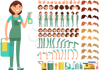 Cleaning company employee. Woman cleaner vector character. Creation constructor with big set of body parts for animation. Workwear worker, leg and arm gesture illustration