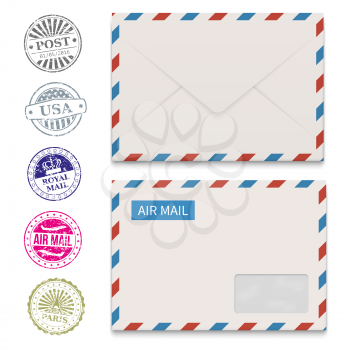 Envelopes and grunge post stamps isolated on white. Vector post stamp and envelope letter illustration