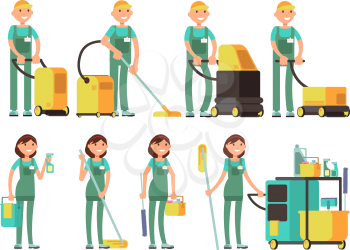 Cleaner vector characters with cleaning equipment. Cleaning company team in uniform vector set. Cleaner with bucket, character man profession cleaner illustration